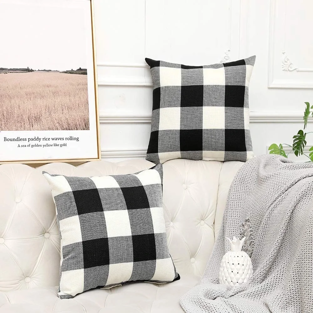 2 Retro Cotton | Linen Farmhouse Decorative Buffalo Check Plaid Throw Covers